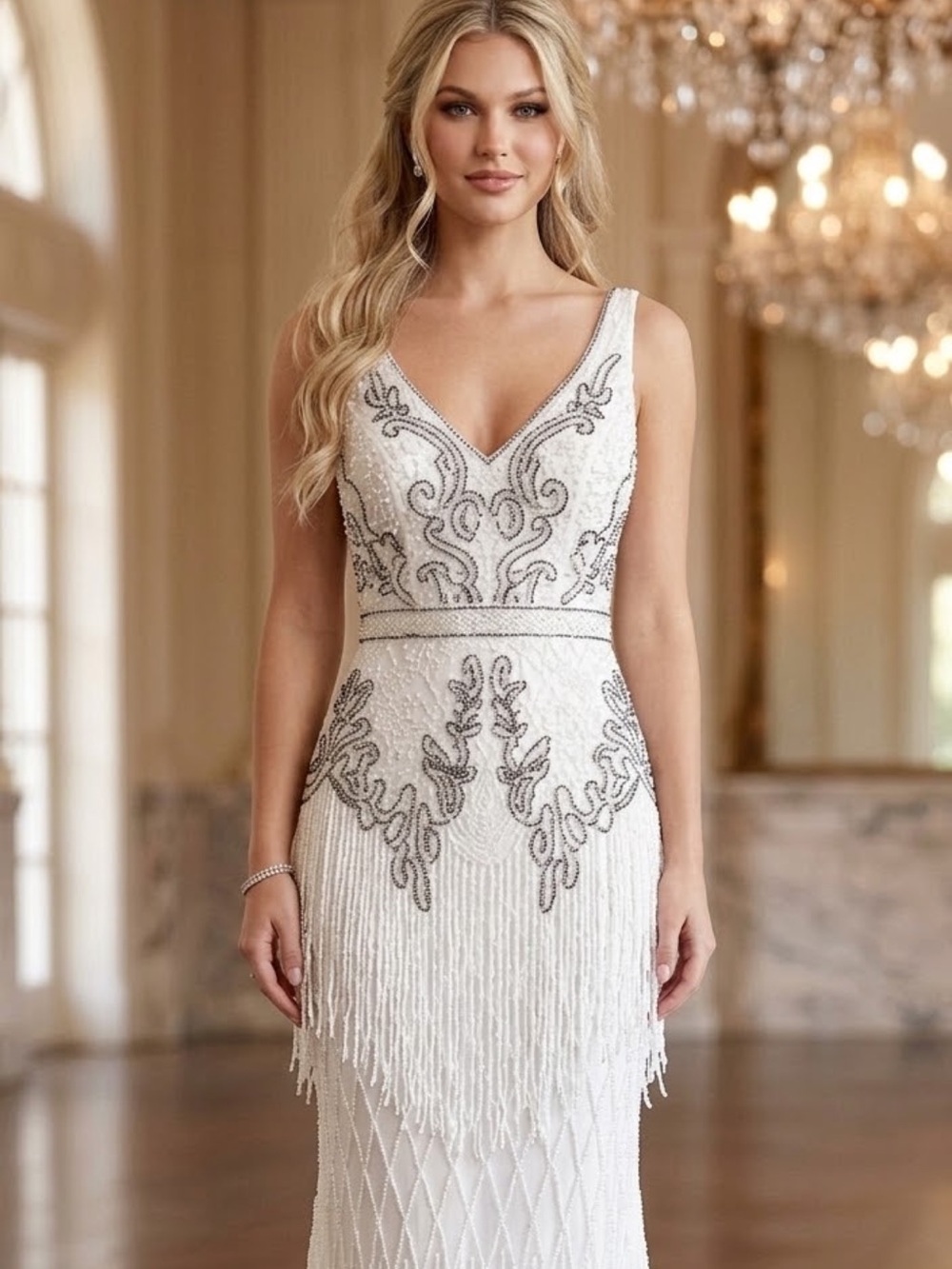 White Beaded V-Neck Jovani custom dress fits size 4 or 2   Amazing!!!